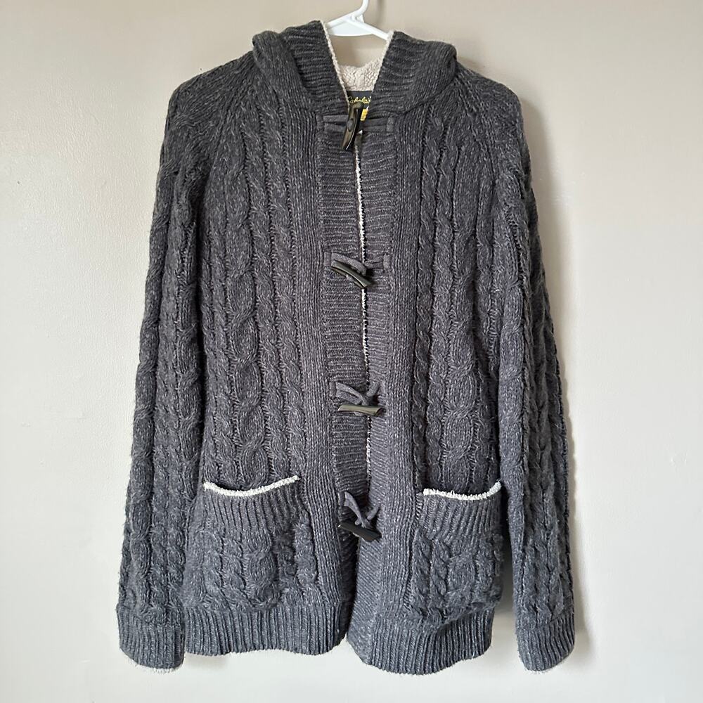 Cabela's Cable Knit Hooded Sweater Toggle Button Soft Sherpa Lined Fisherman S